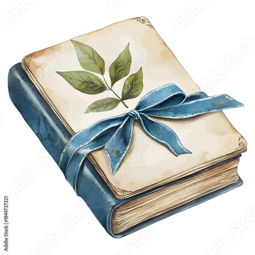 Vintage Watercolor Stack of Old Books with Blue Ribbon and Green Leaves
