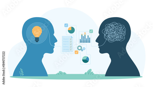 Two silhouetted profiles exchanging ideas and data, symbolizing creative communication and problem-solving. Visual elements include charts, graphs, and conceptual designs vector illustration.