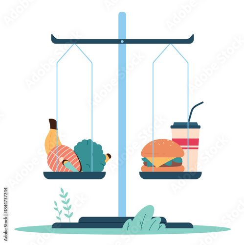 Scales comparing healthy food and fast food, symbolizing the balance between nutrition and unhealthy eating habits. Visual elements include fruits, vegetables, burger, and drink vector illustration