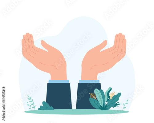 Two raised hands in a supportive gesture surrounded by small plants, representing assistance and nurturing. Concept of support and help vector illustration.
