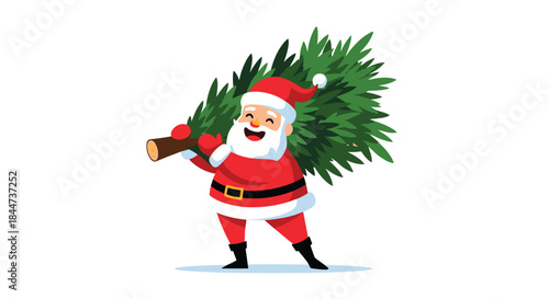 A happy and cheerful Santa Claus in his classic red suit is carrying a large green Christmas tree over his shoulder.