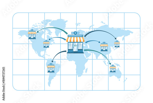 Global franchise expansion concept with stores linked across a world map, symbolizing international business growth. Visual elements include storefronts and connecting arrows vector illustration.