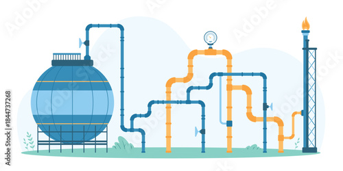 Gas industry concept featuring interconnected pipes, a storage tank, and a flare stack, illustrating the infrastructure of gas production and processing vector illustration.