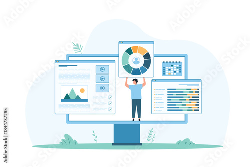 Person building a website with multiple data charts and analysis tools on a large screen, representing digital creation and data-driven design vector illustration.