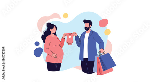 An expecting couple happily shops for their new baby with the pregnant woman and her partner looking at a tiny onesie.