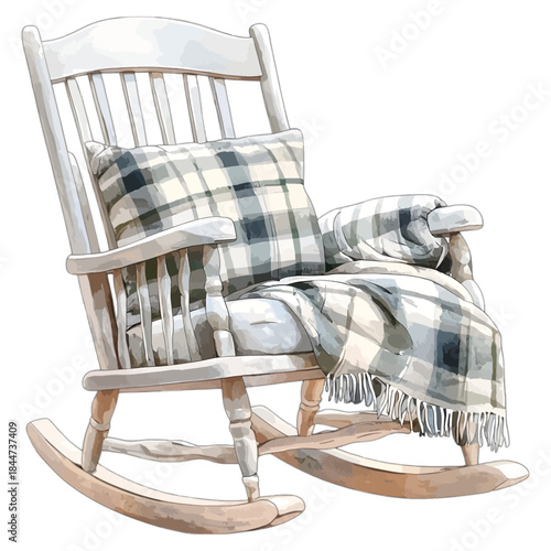 Watercolor wooden rocking chair with blue plaid cushion and blanket, vector
