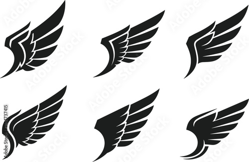 Set of Six Stylish Black Wings Silhouettes in Dynamic Flying Positions, Minimalist Vector Illustration Collection of Angel, Bird, or Eagle Wings for Logo, Tattoo, and Graphic Design.
