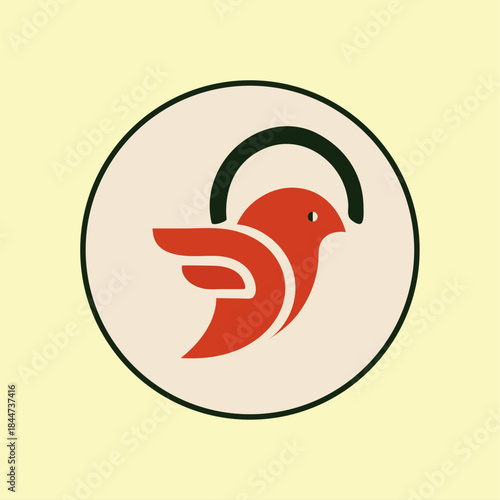 Abstract Red Bird Logo with Headphone for Media and Podcast