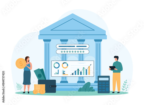 Accounting in bank mobile app. Tiny people work with digital account and bank building, calculate money online, budget management with charts of spending and income data cartoon vector illustration