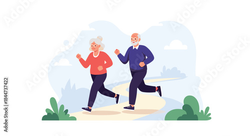 Happy senior couple enjoys a healthy lifestyle by jogging together on a path in a beautiful park during the daytime.