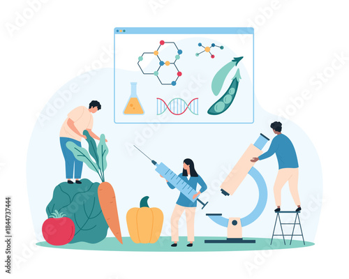 Food quality analysis in laboratory. Tiny people research chemical safety of fruit and vegetables with lab microscope, scientists control standards of agriculture product cartoon vector illustration