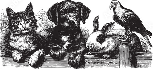 Vintage illustration of a cat, dog, rabbit, and bird. Detailed animal vector set showcasing various pets in a natural outdoor setting.