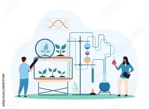 Biology research and growing plants in scientific laboratory for agronomy and agriculture. Tiny people holding magnifying glass for sprout breeding and lab experiment cartoon vector illustration