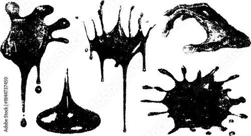 Black ink splash in a vintage line drawing style. Artistic vector illustration featuring strokes and droplets in a creative set.