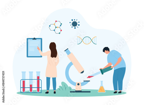 Medical blood test in hospital laboratory. Tiny people check blood sample with lab microscope, count red cells in drop for hemoglobin and hematocrit, glucose analysis cartoon vector illustration
