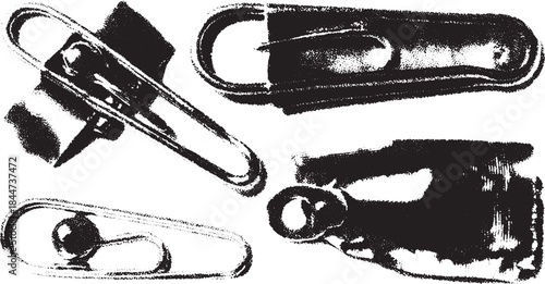 Black metal pins and clasps in a vector illustration set. Simple design ideal for office or clothing accessories.