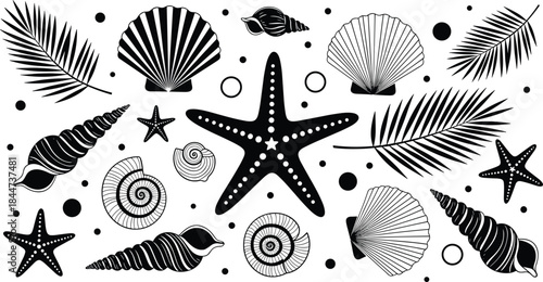 Tropical Beach Collection of Seashells, Starfish, and Palm Leaves Scattered Design, Black Silhouette Vector Illustration Set for Summer, Ocean, Vacation, and Nautical Decoration.