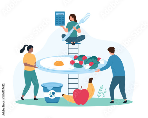 Counting and monitoring calories in breakfast food. Tiny people holding plate with fried egg and salad, monitor calories of fats, proteins and carbohydrates in calculator cartoon vector illustration