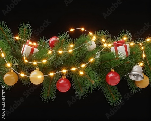 Christmas decorations with lamps, garlands, and 3D objects on a dark black background