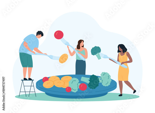 Healthy breakfast food, summer menu. Tiny people holding forks with tasty organic ingredients, characters eat summer salad from fresh vegetables for vitamin nutrition cartoon vector illustration