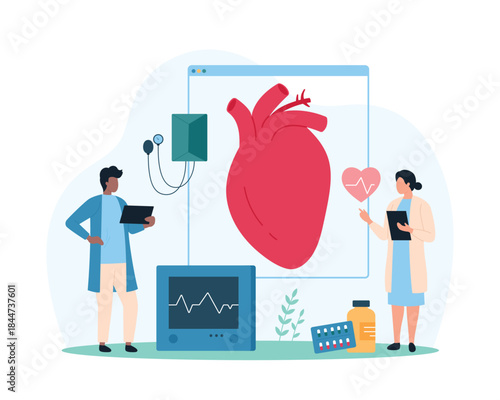 Heart and cardiovascular system health checkup, diagnosis and treatment by cardiologists in hospital. Tiny people research human heart of patient, diagnose diseases cartoon vector illustration