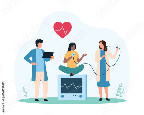 Medical checkup in cardiology, electrocardiogram research by cardiologists on examination. Tiny people check health of patients heart with ECG, listen with stethoscope cartoon vector illustration