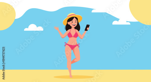 Happy young woman in a pink bikini and sun hat smiling and using her smartphone while enjoying a sunny day at the beach.