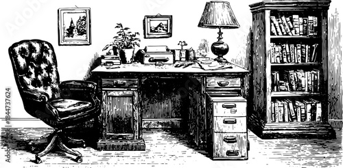 Vintage office set featuring a wooden desk, chair, and bookshelf. The vector illustration includes a typewriter, lamp, and plant for a classic workspace.