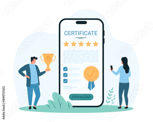 Online certificate of quality in mobile app of phone. Tiny people approve quality of product or service with award gold cup and and digital form with seal in smartphone cartoon vector illustration