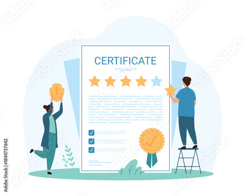 Certificate, guarantee of best premium quality of business product or service. Tiny people add gold review star to certified warranty document, holding appreciation award cartoon vector illustration