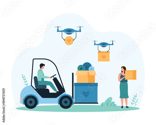 Delivery of donations and humanitarian aid, logistic for volunteers with transport. Tiny people on forklift and drones delivering box of hearts, give help and assistance cartoon vector illustration