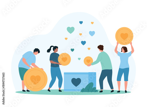 Charity international organization, volunteers fund. Tiny people donate generous gifts and hope with solidarity, sponsors collect coins with hearts to donation box cartoon vector illustration