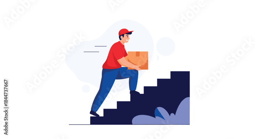 Delivery man in a red shirt and cap diligently carries a cardboard package while walking up a flight of stairs for service.