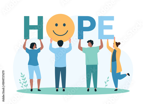Charity campaign, donation and voluntary, social help and support of nonprofit fund and community. Tiny people holding letters of word Hope and happy emoji together cartoon vector illustration