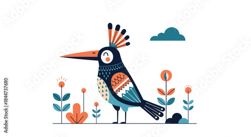 Stylized illustration of a colorful hoopoe bird with a prominent crest standing among abstract flowers and plants in nature.