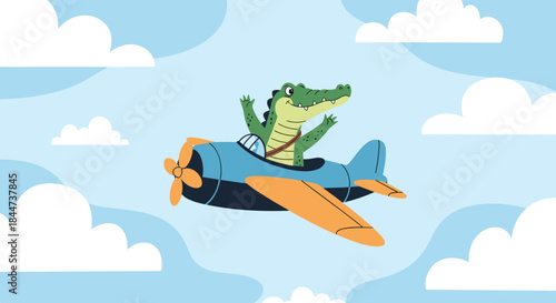 Happy green cartoon crocodile character wearing a satchel and waving while flying a blue and orange airplane in the sky.