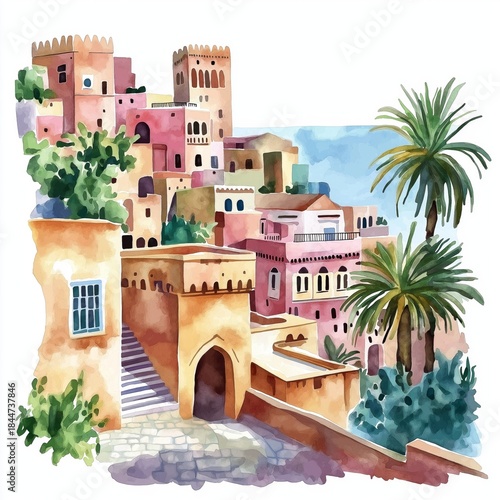 Casbah of Algiers. Casbah of Algiers hand drawn watercolor illustration on white background