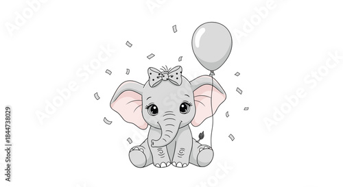 Adorable baby elephant with a polka dot bow holding a grey balloon while sitting among falling confetti for a celebration.