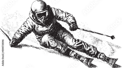 Silhouette of a skier descending a steep mountain slope. This vector illustration captures the action and motion of skiing.