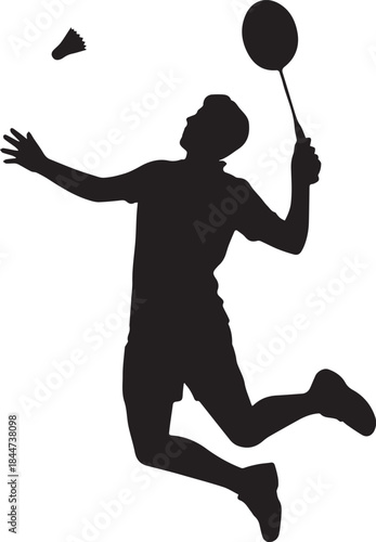 Badminton player in dynamic action jumping to hit shuttlecock