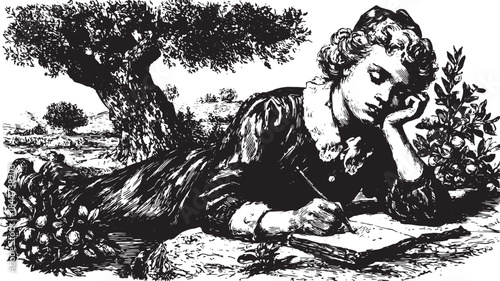 Girl writing under a tree. Black and white vector illustration featuring nature elements and flowers. Artistic representation in a vintage style.