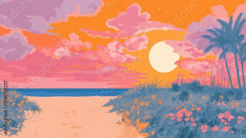 Sunset view over the beach with palm trees and colorful clouds in the sky