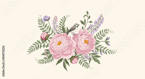 Beautiful vintage floral arrangement with pink peony flowers lush green ferns and a small bird perched on top of the blooms.
