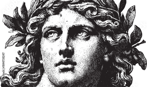 Greek statue head. Detailed monochrome vector illustration with a laurel wreath, reflecting classical artistry.