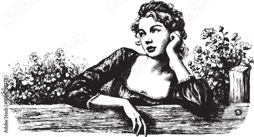 Stylized engraving of a girl in vintage style. Elegant black and white vector illustration with floral background and thoughtful expression.