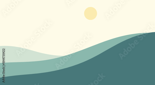 Minimalist and serene landscape illustration of rolling green hills under a pale yellow sun in a calm and simple style.