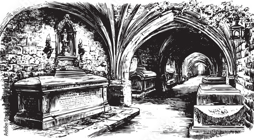 Gothic architecture illustration of a crypt featuring ornate tombs and stone details. Vintage vector illustration with intricate elements in black and white.