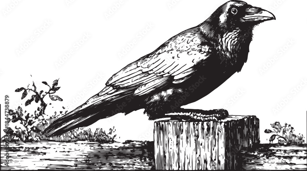 Obraz premium Raven bird illustration in black and white. Detailed vector illustration featuring realistic textures and fine lines.