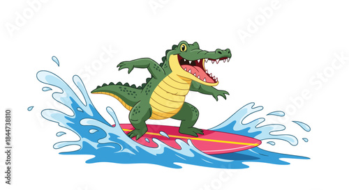 Energetic and happy cartoon crocodile with a wide open mouth having fun while surfing on a pink board on a big wave.