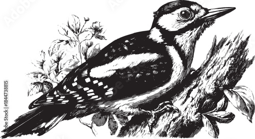 Illustration of a woodpecker on a tree branch. This detailed black and white vector artwork showcases wildlife in a natural setting.